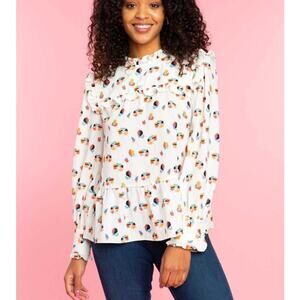 CROSBY by Mollie Burch Floral Ruffle Top Small Cream Multi Long Sleeve Swingy